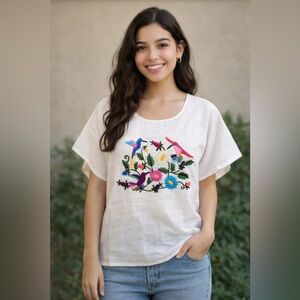 New Vintage Deadstock Embroidered Floral Hummingbird Bird Top